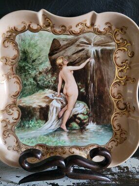 Hand-Painted Limoges Porcelain Tray Nude Woman Waterfall Scene 12.25 x 12.25